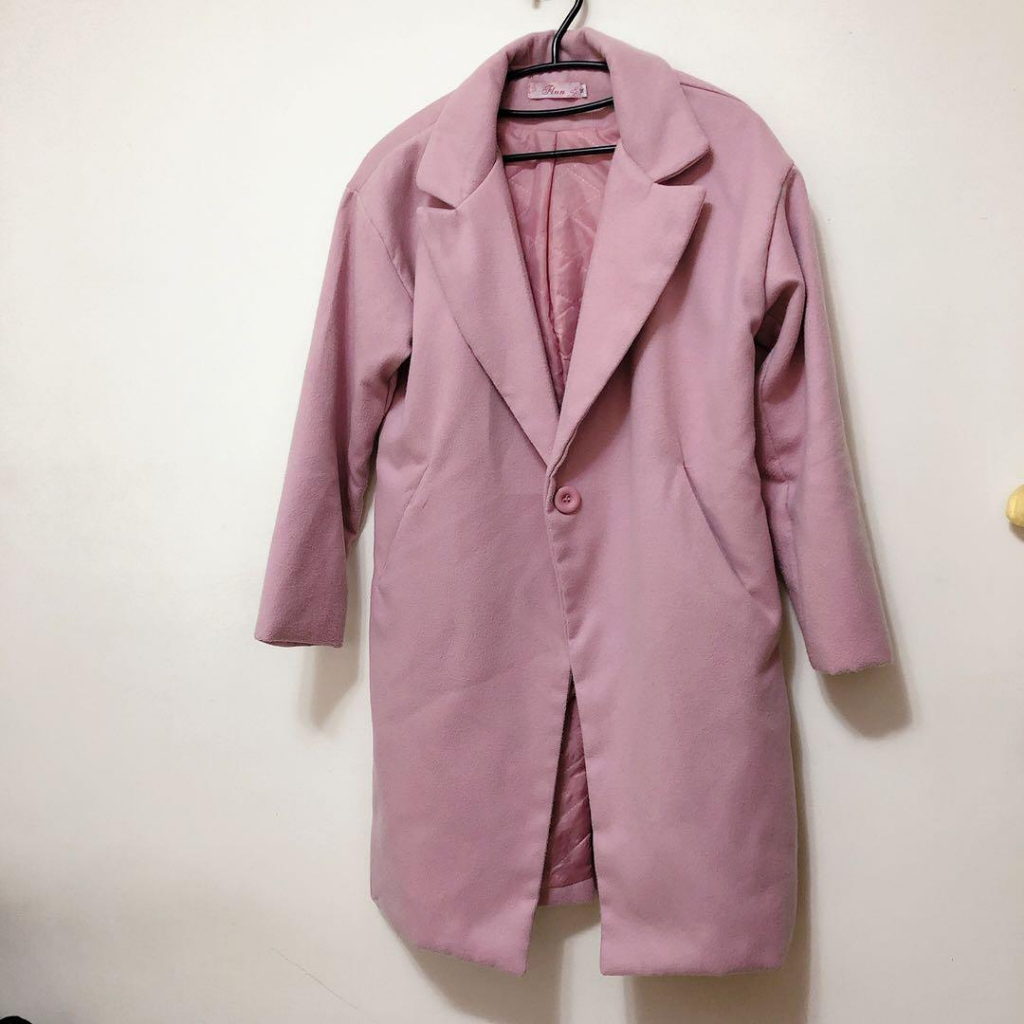乾燥玫瑰粉繭型韓版長版大衣外套風衣內鋪棉保暖寬鬆顯瘦百搭