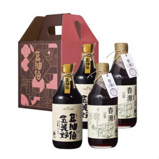 【豆油伯】純黑豆醬油禮盒組_驛客春源醬油500mlx2瓶+金美好無新增糖醬油500mlx2瓶