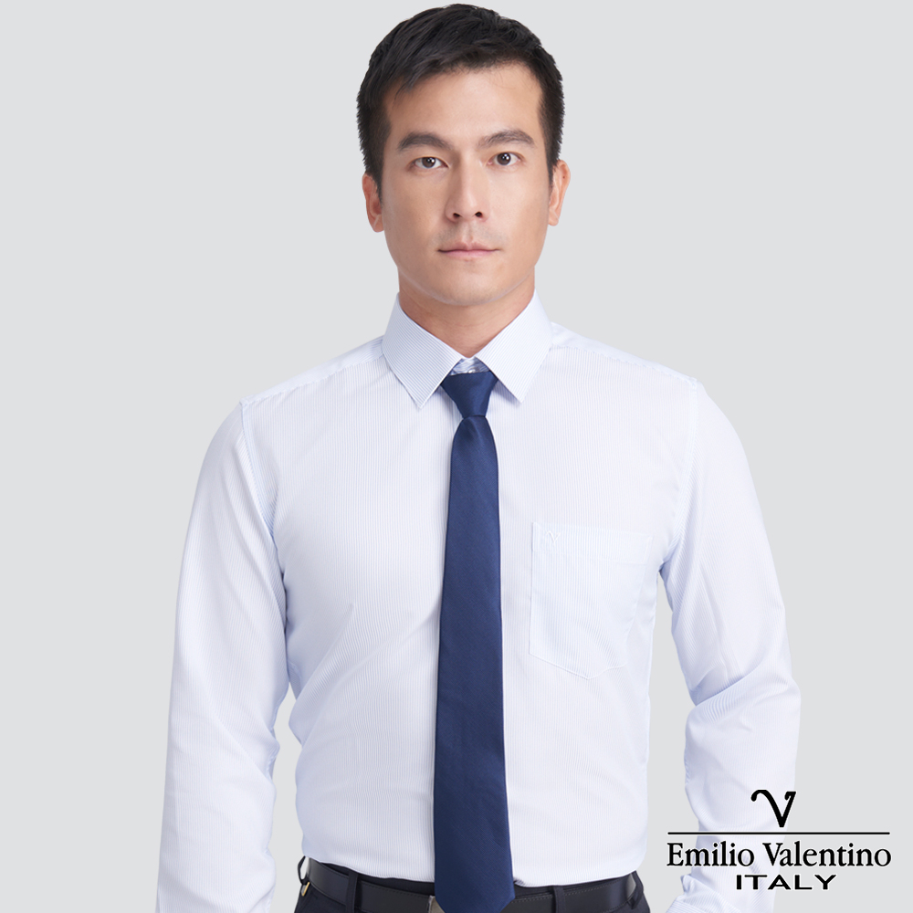 【Emilio Valentino】修身條紋長袖襯衫-藍條