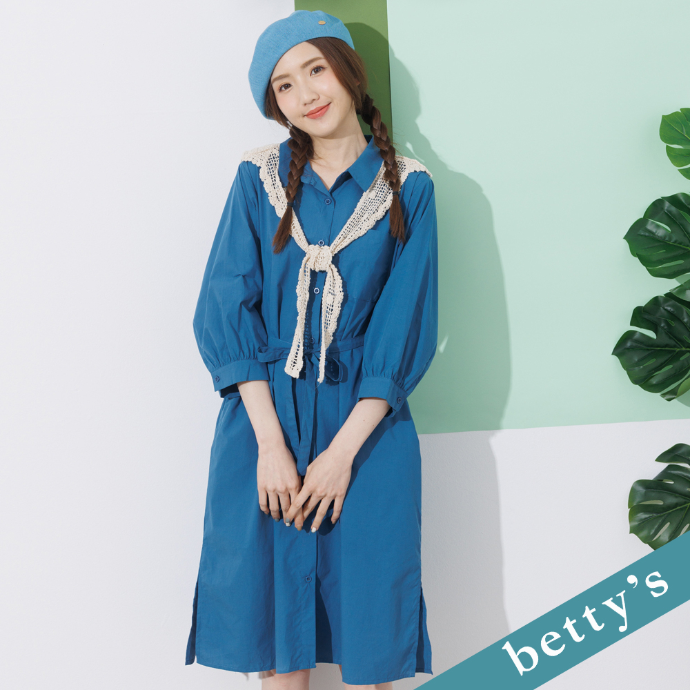 betty’s貝蒂思(21)假兩件綁帶長袖襯衫洋裝(藍色)