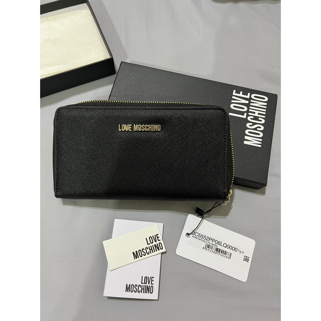 全新 正品 荔枝皮 love moschino 經典 防刮 零錢包 長夾 皮夾 黑色