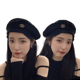 現貨-重工高品甜酷黑色貝雷帽女韓國早秋金絲絨平頂復古氣質優雅畫家帽