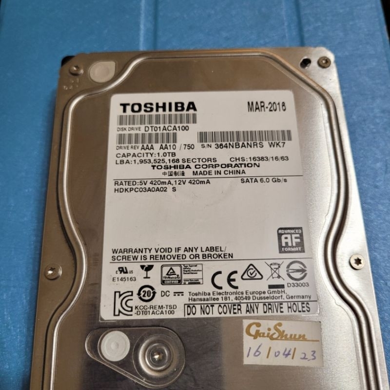 東芝Toshiba 3.5吋1TB 硬碟 DT01ACA100