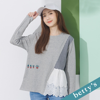 betty’s貝蒂思(21)拼接千鳥格蕾絲布上衣(灰色)