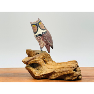 鴞雅軒 貓頭鷹擺飾木雕像 (漂流木底座) 木作手工藝品 美國進口