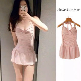 Hello Summer現貨24小時出貨❤️氣質無鋼圈連身泳衣裙式泳衣顯瘦泳衣粉紅 99150