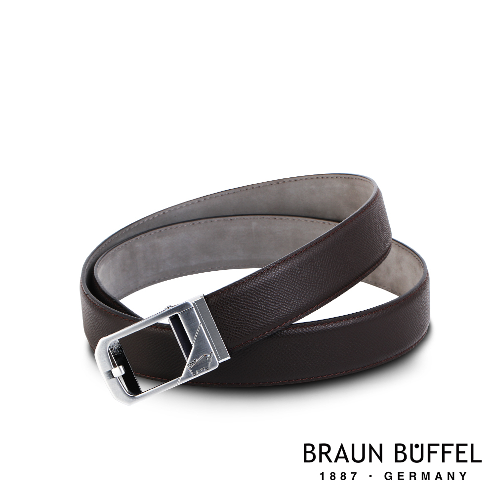 【BRAUN BUFFEL 德國小金牛】台灣總代理 沉穩紳士鏤空多邊形自動扣皮帶-咖啡色/BF21B-RO218T-BR