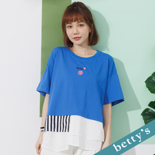 betty’s貝蒂思(21)笑臉不對稱拼接條紋短袖T-shirt(深藍)