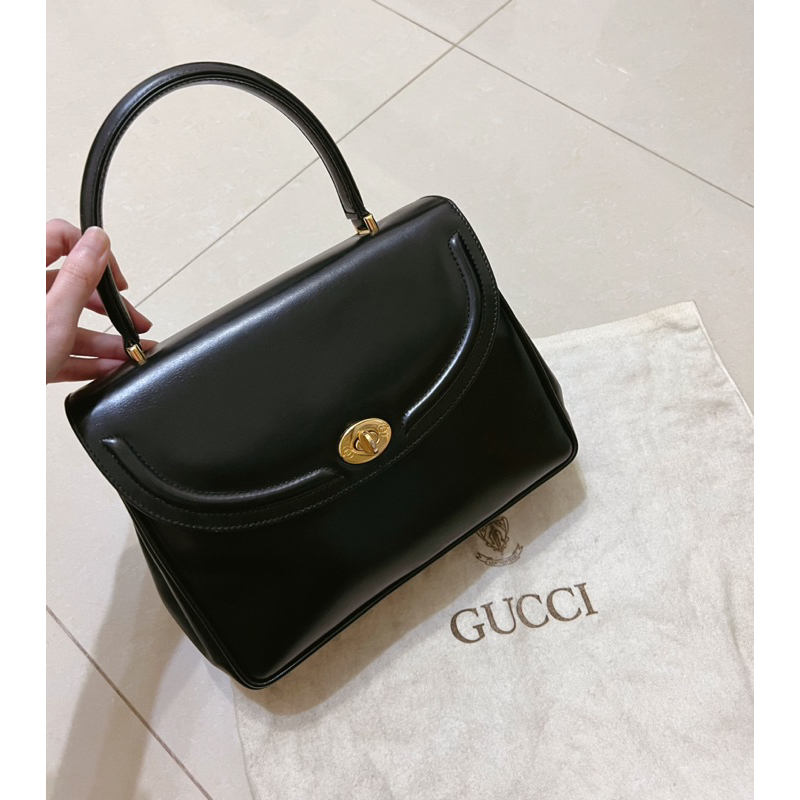 GUCCI 正品 極美優雅復古手提包 黑色 Vintage 硬式 金色 可愛 簡約 皮革 翻蓋 古董包 肩背包 日本