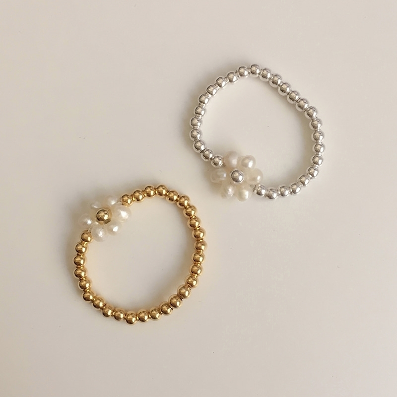 [預購] 韓國 925純銀 花朵天然淡水珍珠串珠戒指｜金色．銀色 預購