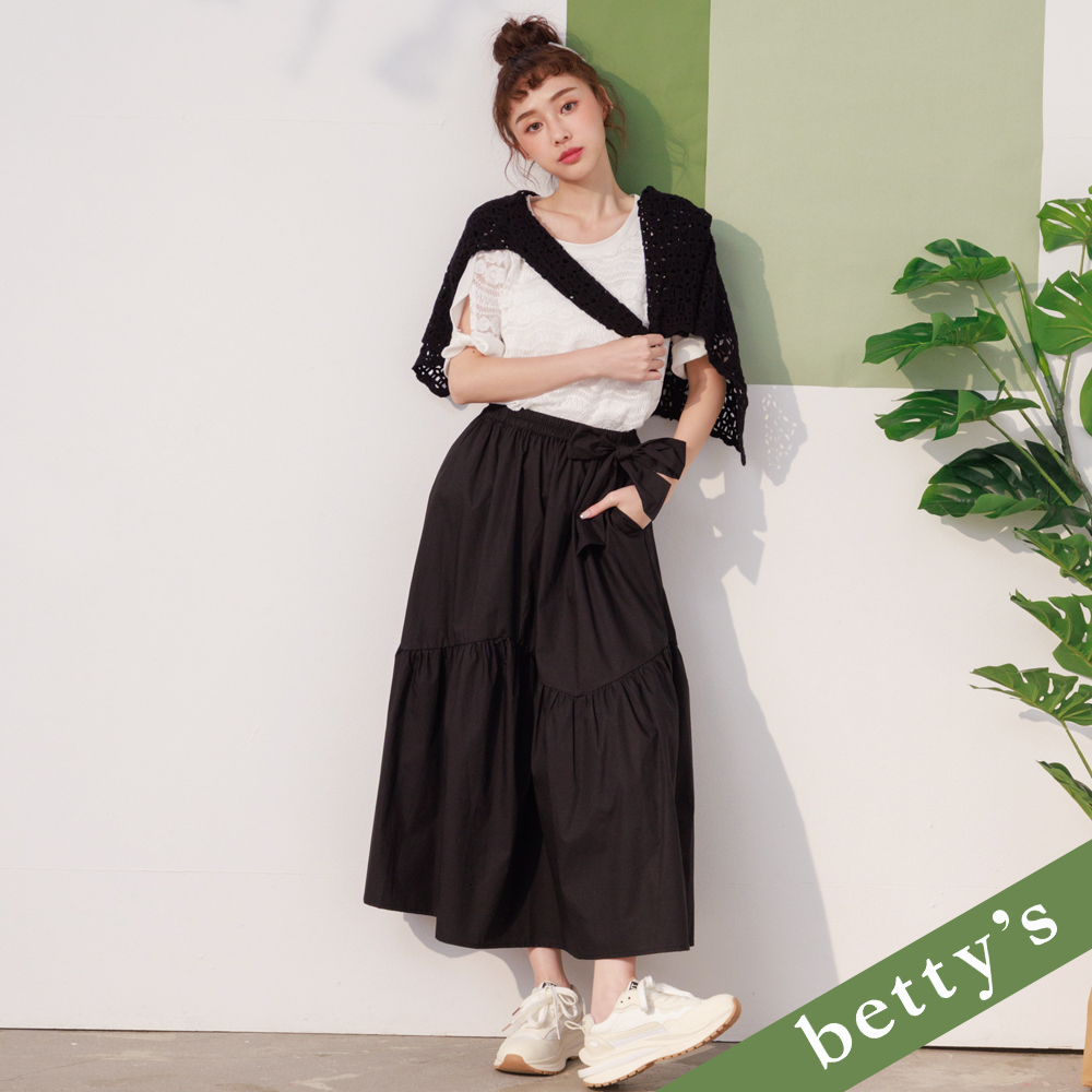 betty’s貝蒂思(21)鬆緊腰蝴蝶結波浪長裙(黑色)