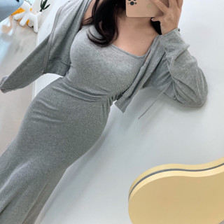 【GIRLS THING】🇰🇷正韓 休閒短版連帽外套+細肩帶抓皺背心裙兩件式套裝SET 短版外套 細肩帶洋裝 套裝