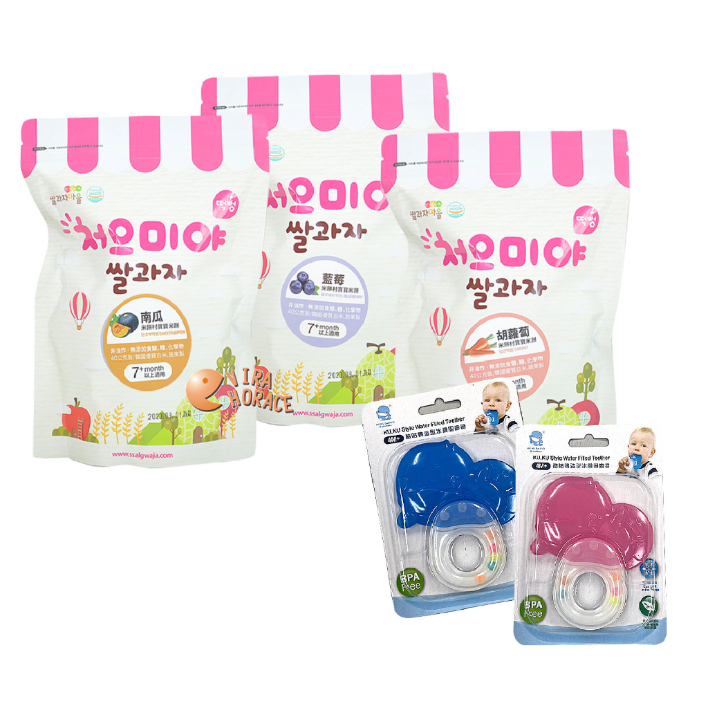 ssalgwaja 韓國米餅村寶寶米餅(片狀)3包贈酷咕鴨固齒器一個，7個月以上寶寶適用，每包40公克，台灣總代理公司貨