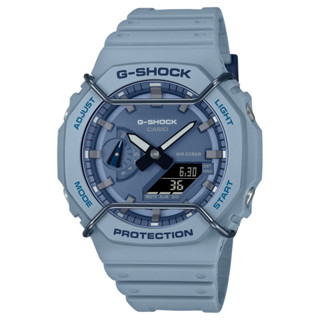 【CASIO G-SHOCK】經典復刻高質感霧面六角數位運動腕錶-灰x藍 GA-2100PT-2A