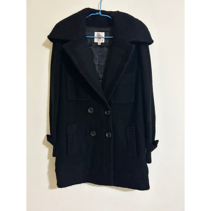 Jorya黑色羊毛針織保暖衣材質拼接大衣外套
