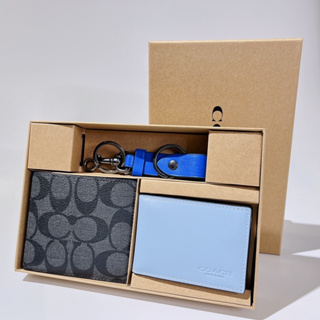 送禮 COACH 黑灰色PVC材質皮夾/鑰匙圈禮盒組-附緞帶包裝 #CA005