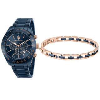 【Maserati 瑪莎拉蒂】都會時尚三眼陶瓷腕錶+手環套組-寶藍系/R8873650003/台灣總代理公司貨享兩年保固