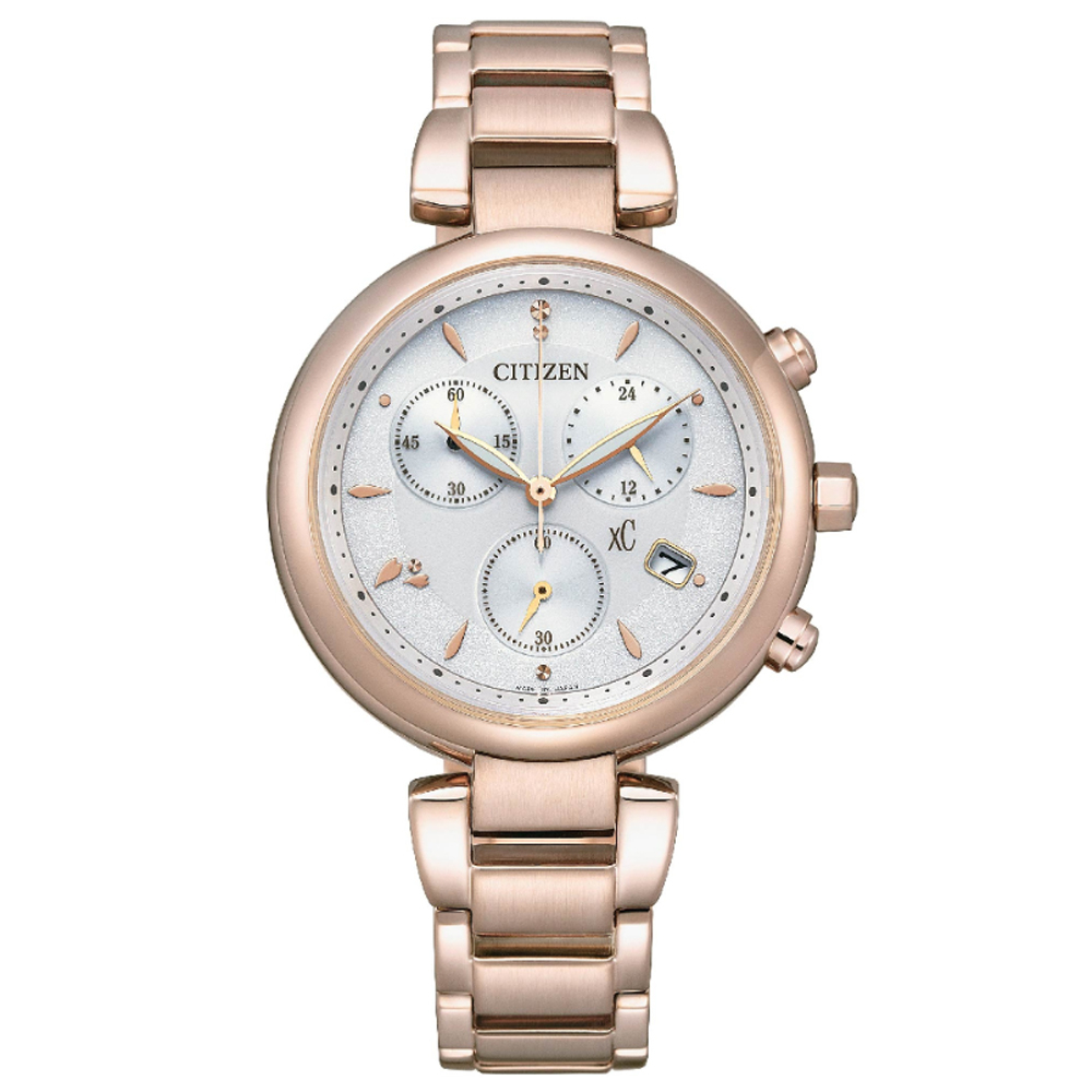 【CITIZEN 星辰】xC 亞洲限定 光動能不鏽鋼碼表計時腕錶-粉紅金35mm(FB1456-65A 情人節推薦)