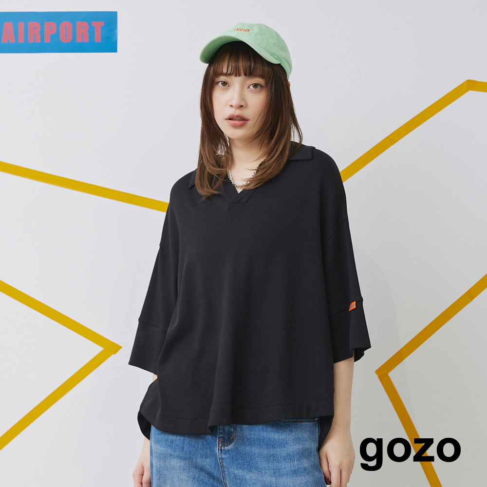 【gozo】翻領弧形下擺六分袖造型T恤(黑色/咖啡_F) | 女裝 顯瘦 百搭