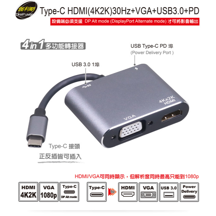 ★摩兒電腦☆伽利略 Type-C HDMI(4K2K)30Hz+VGA+USB3.0+PD (CRHU09) 影音轉換器