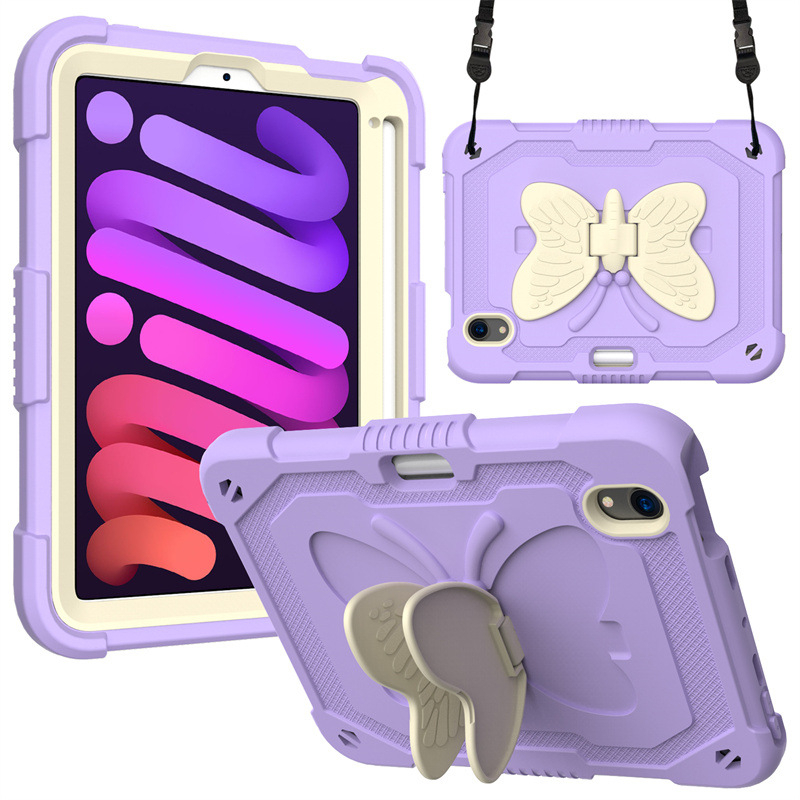 GMO特價Apple蘋果iPad Air 4代 5代 10.9吋蝴蝶彩色矽膠殼含背帶PC支架防震防摔保護套殼紫色