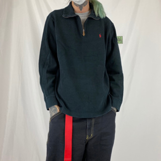 古著 Polo Ralph Lauren 刺繡小馬Logo 半開襟 皮拉鍊 羅紋 黑色 厚棉 長袖翻領上衣 尺寸L號