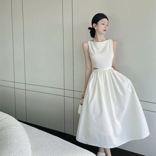 短袖裙子 洋裝 小禮服高階感鏤空無袖連身裙女夏季法式赫本風裙子收腰氣質長裙ME062 772衣時尚Y3