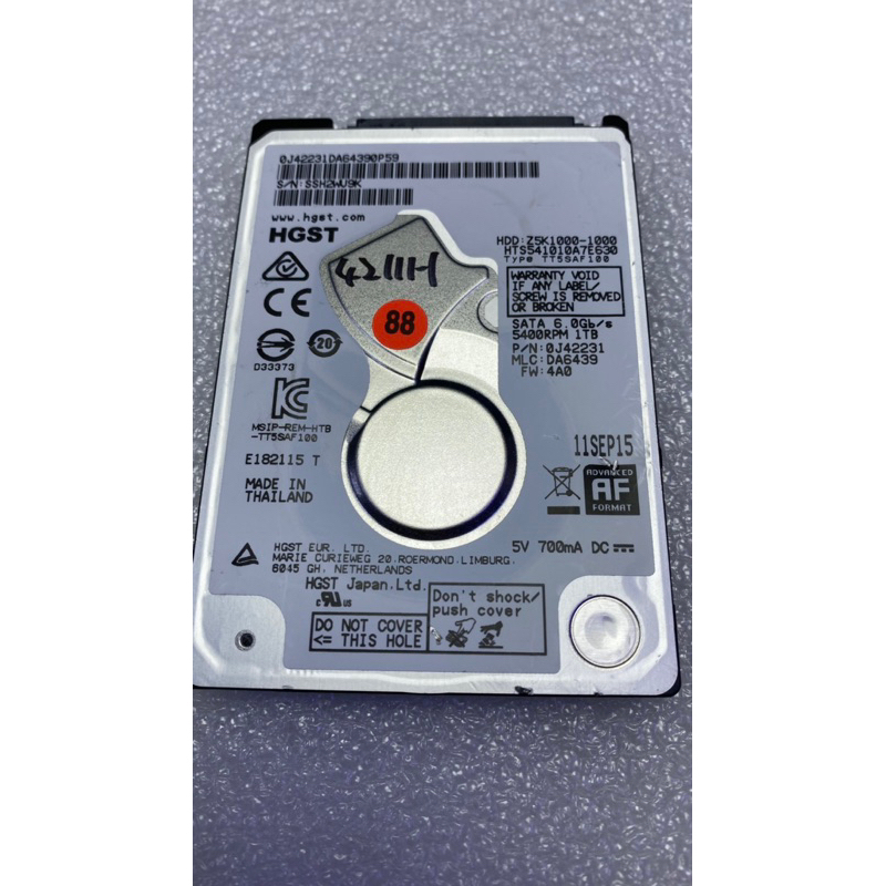 含稅價 HGST 2.5吋 7mm 1TB SATA3 32M 5400RPM HTS541010A7E630 二手良品