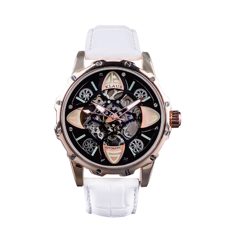 【KLAUS 克勞斯】 克勞斯手錶-鏢型機械鏤空皮革腕錶-KL607+贈送黃金項鍊