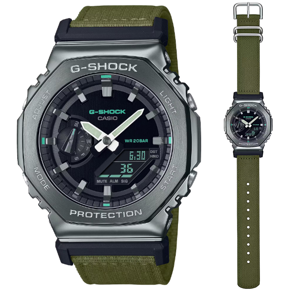 【CASIO 卡西歐】G-SHOCK 經典八角形 農家橡樹金屬錶殼布質編織帶雙顯錶-深灰(GM-2100CB-3A)