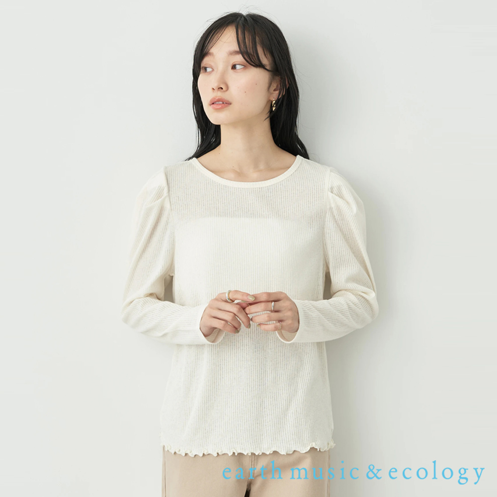 earth music&amp;ecology 透膚泡泡袖捲邊羅紋長袖上衣(1M31L1B0500)