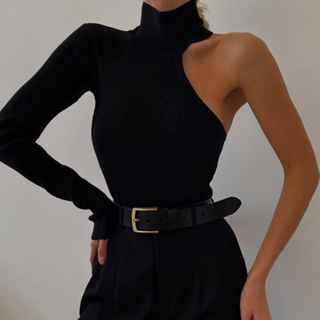 《預購》暗黑性感單袖不規則連體衣 圓領純色修身連身裙 黑色 歐美 龐克 設計感 哥特 歌德 硬妹 洋裝