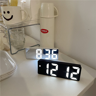 簡約黑白鏡面LED鬧鐘 宿舍時鐘 床頭桌面數字鐘 溫度 鬧鐘時鐘