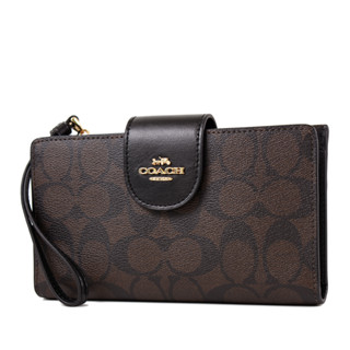 COACH 緹花LOGO防刮皮革釦式掛帶手機包/長夾-咖啡色 【美國正品 現貨】