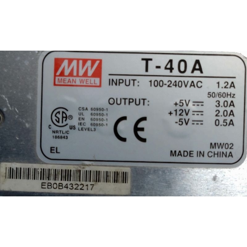 🌞二手現貨保固MW明緯T-40A電源供應器+5V 3A/+12V 2A/-5V 0.5A入AC100-240V三組輸出