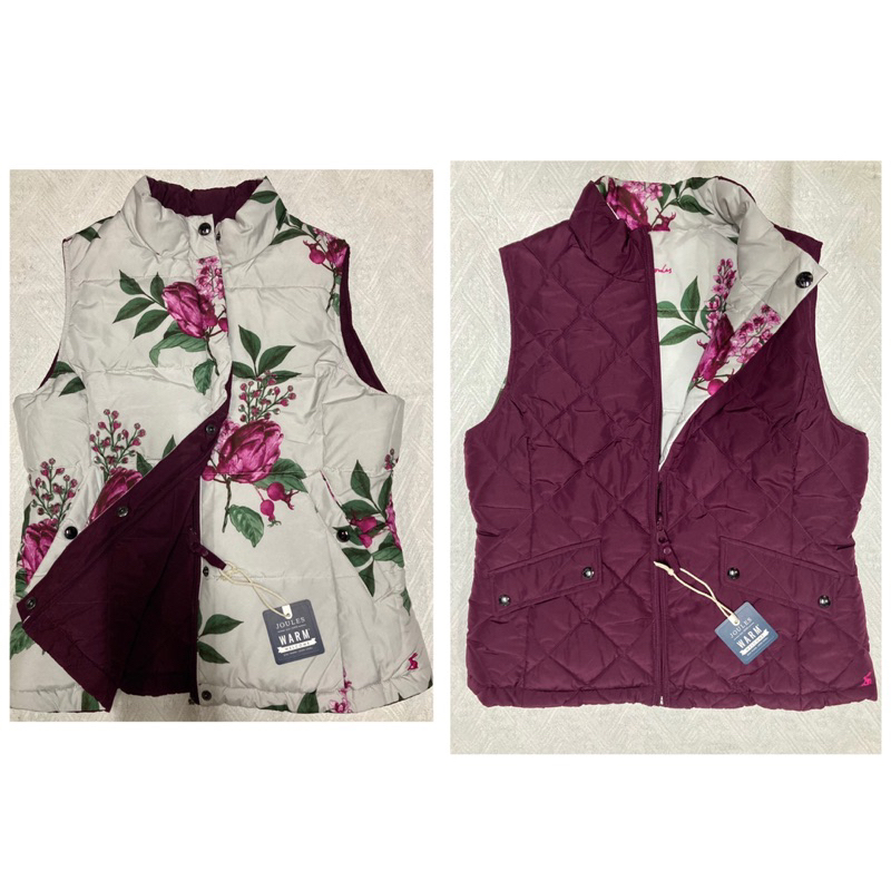 Miolla 英國品牌Joules 深紫+灰白底色花朵菱格紋雙面穿口袋修身顯瘦鋪棉背心