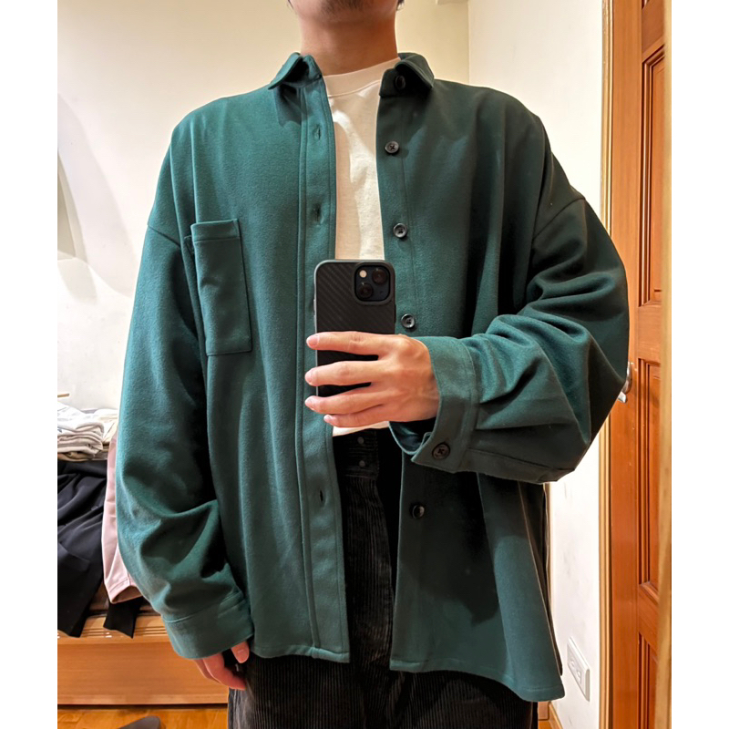 (二手) HARE / 寬版 磨毛 長袖 襯衫 襯衫式外套 M號 墨綠色 日系 大學綠