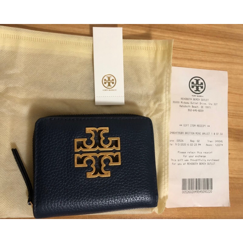 【TORY BURCH】BRITTEN金雙T荔枝紋皮拉鍊短夾(藍）全新品