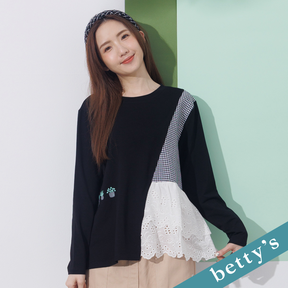betty’s貝蒂思(21)拼接千鳥格蕾絲布上衣(黑色)