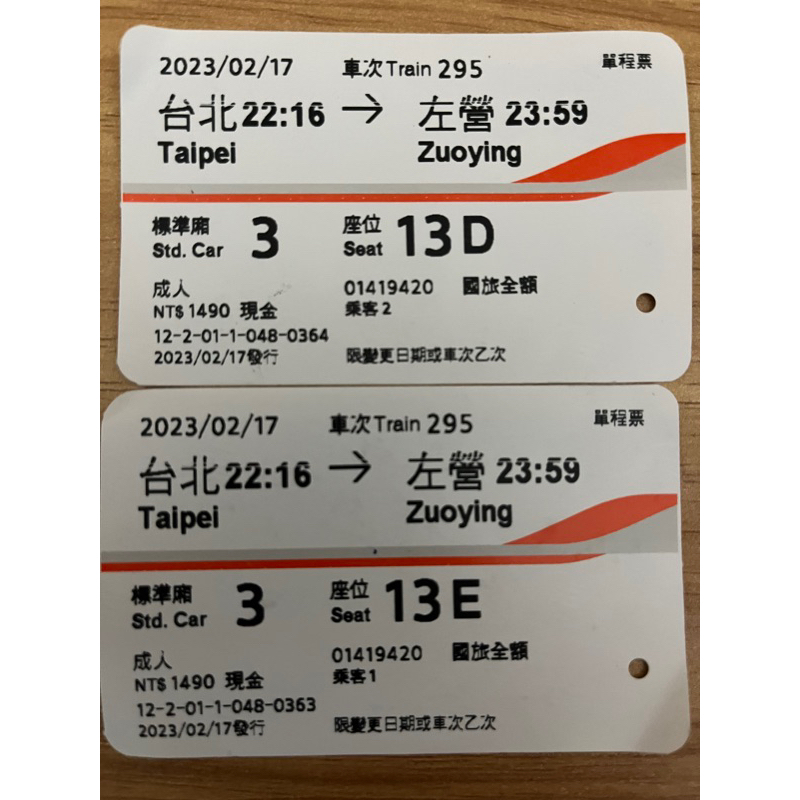 23年2月17日高鐵車票