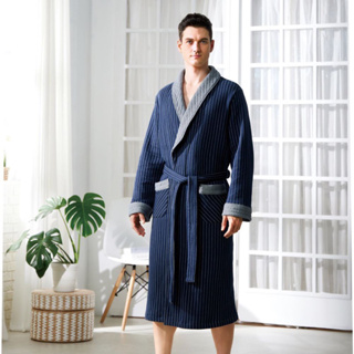 華歌爾睡衣-男士系列 M-LL保暖 發熱睡衣 條紋鋪棉絲瓜領綁帶睡袍(沉睡藍) LRZ95523