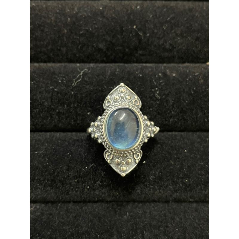 尼泊爾風格銀飾S925銀戒指 天然稀有冰種海藍寶蛋面戒指  鑲嵌 銀戒指連框9.7mm左右可調活口圍附擦銀布