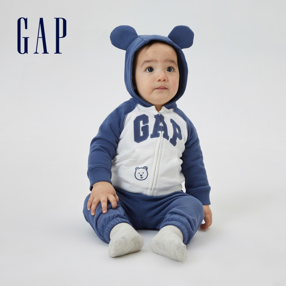 Gap 嬰兒裝 Logo熊耳連帽外套 碳素軟磨法式圈織系列-墨藍色(598244)
