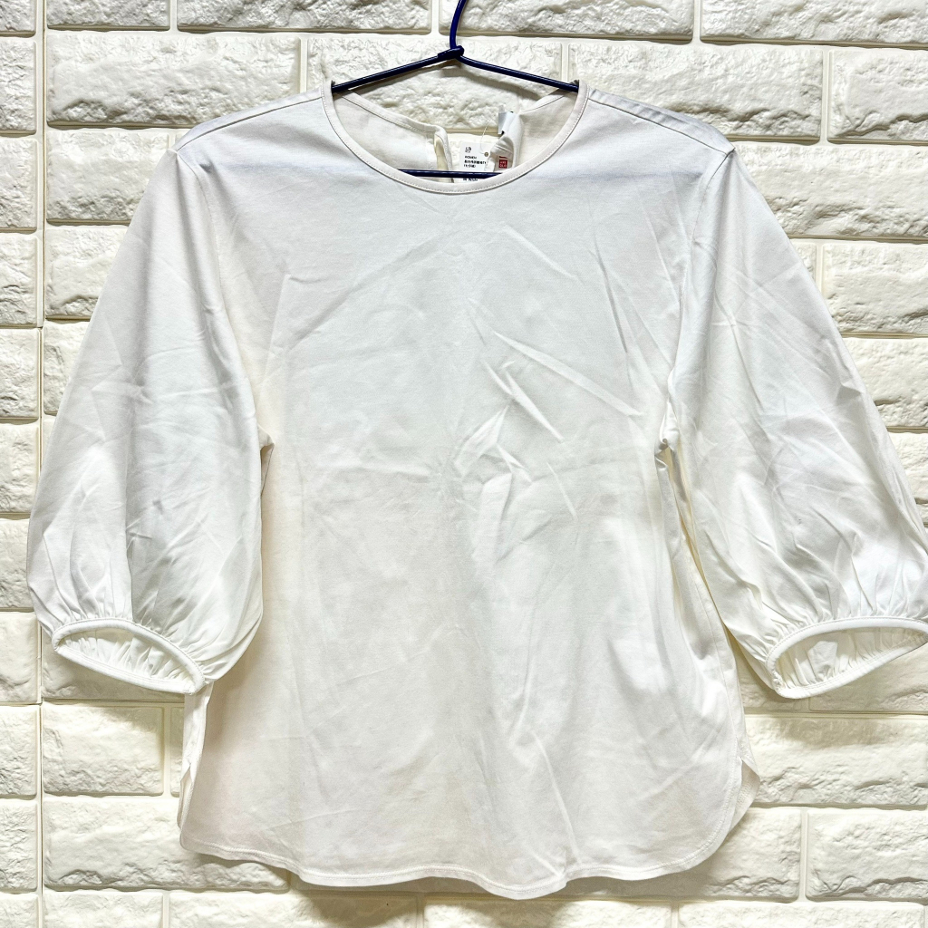 全新 Uniqlo 女裝 絲光棉抓皺袖T恤 (七分袖) M白色