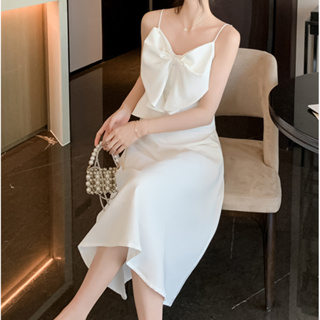 胖胖美依 洋裝 連身裙 收腰洋裝 S-XL 蝴蝶結造型吊帶裙 白色A字中長款連身裙G605-6849.