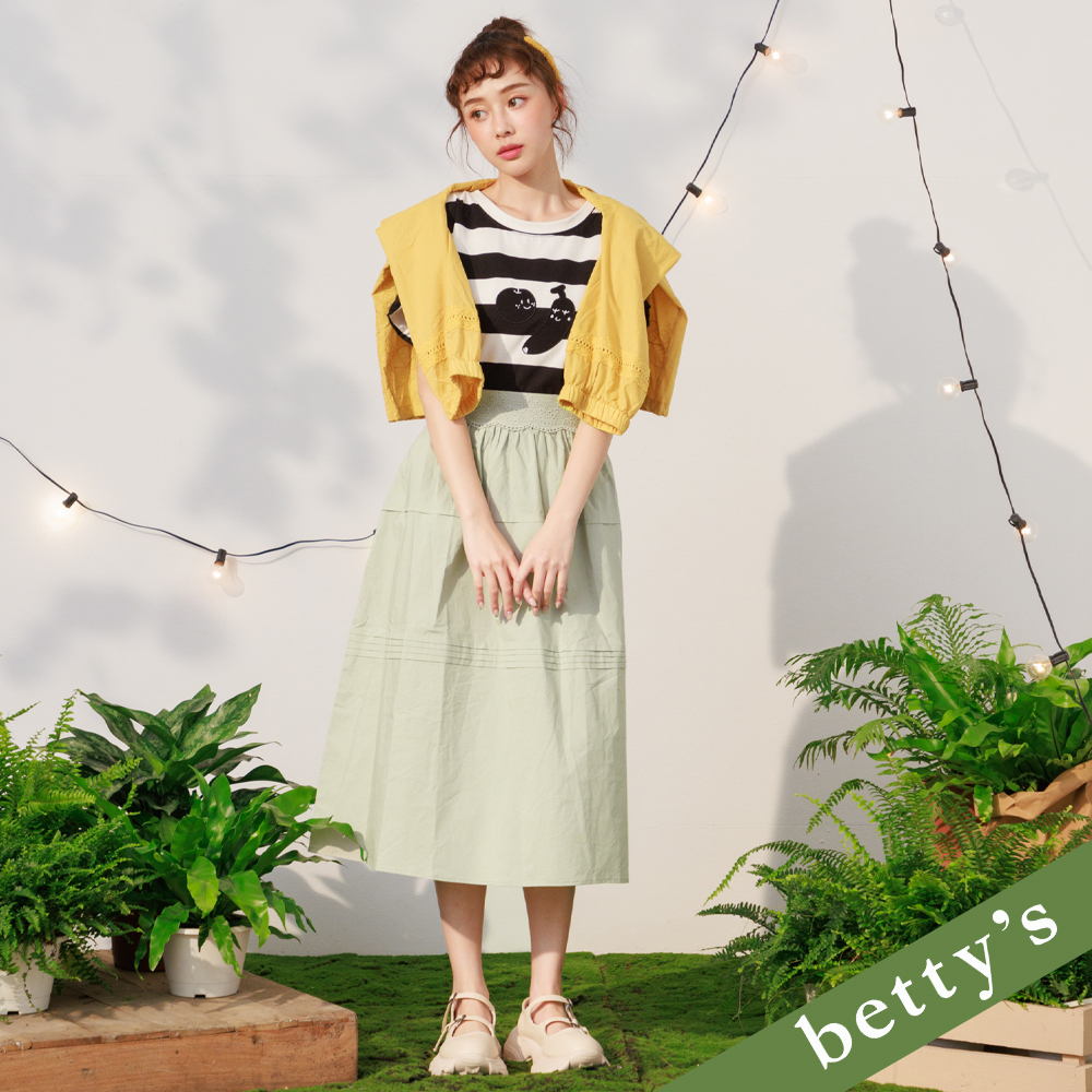 betty’s貝蒂思(21)蕾絲布腰帶打摺長裙(淺灰綠)