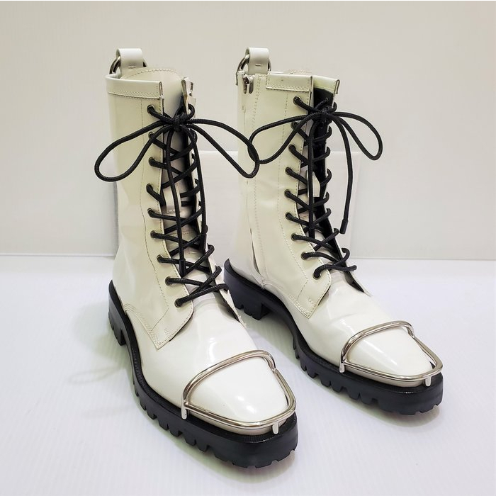 Alexander Wang 專櫃精品正品 白色高筒馬丁靴 金屬裝飾 九孔綁帶 中高筒靴 37