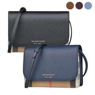 BURBERRY HAMPSHIRE燙金LOGO防刮牛皮拼接復古格紋帆布磁扣式斜揹包(多色)