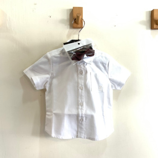 金安德森-酒紅活動式領結 純白男童短袖襯衫