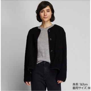 Uniqlo 優衣庫 毛絨刷毛圓領開襟外套 圓領 外套 泰迪熊 羔羊毛 捲捲毛 日系 百搭 黑 小熊 保暖 防風